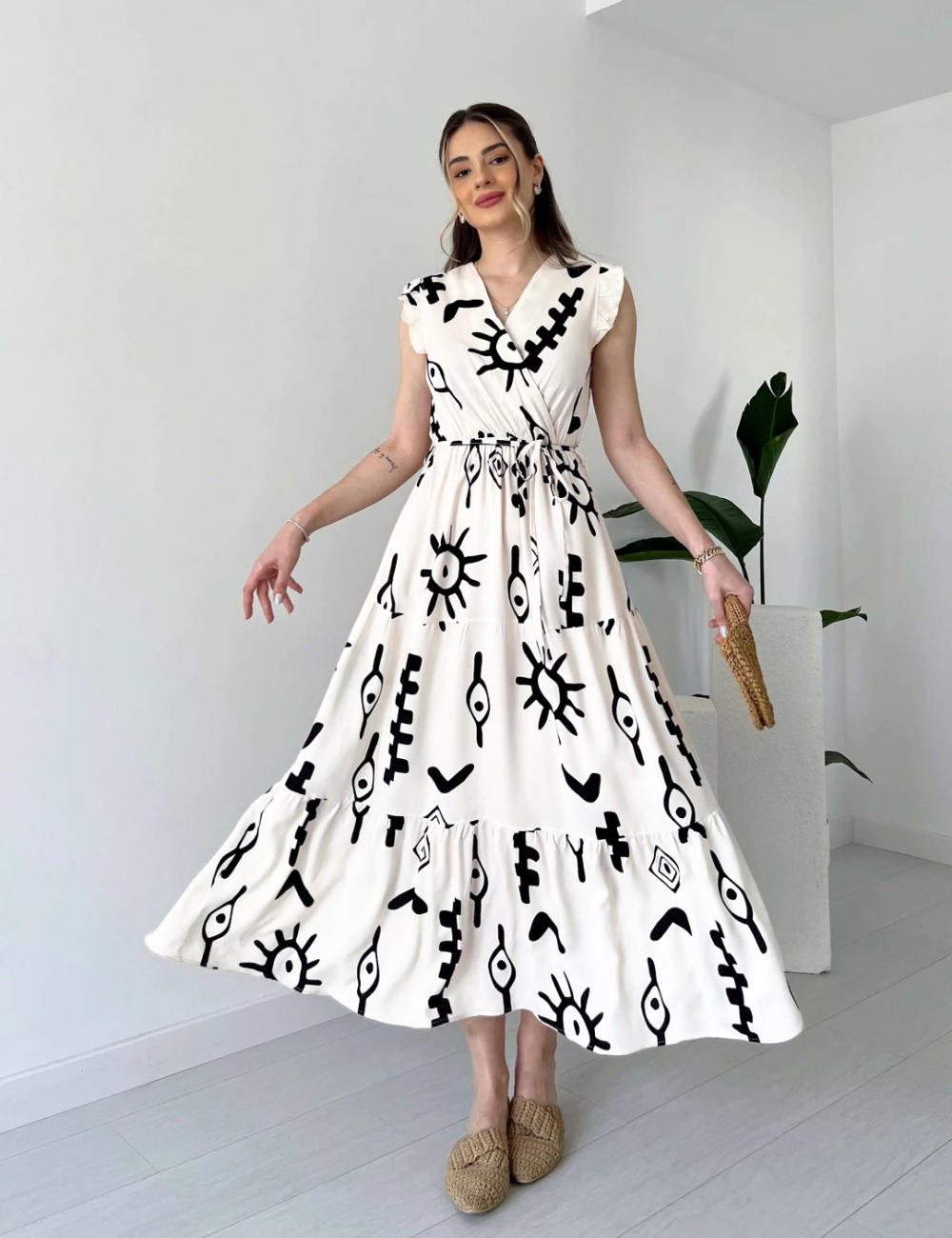 Black-white personality corset V-neck printing long dress