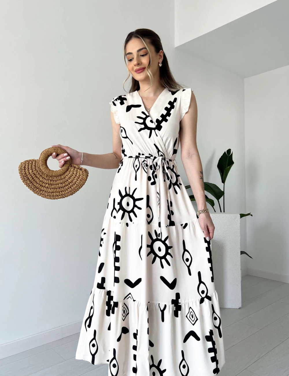 Black-white personality corset V-neck printing long dress