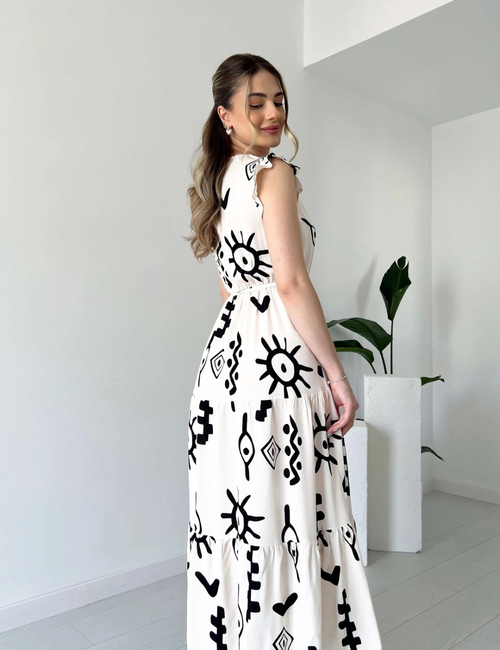 Black-white personality corset V-neck printing long dress