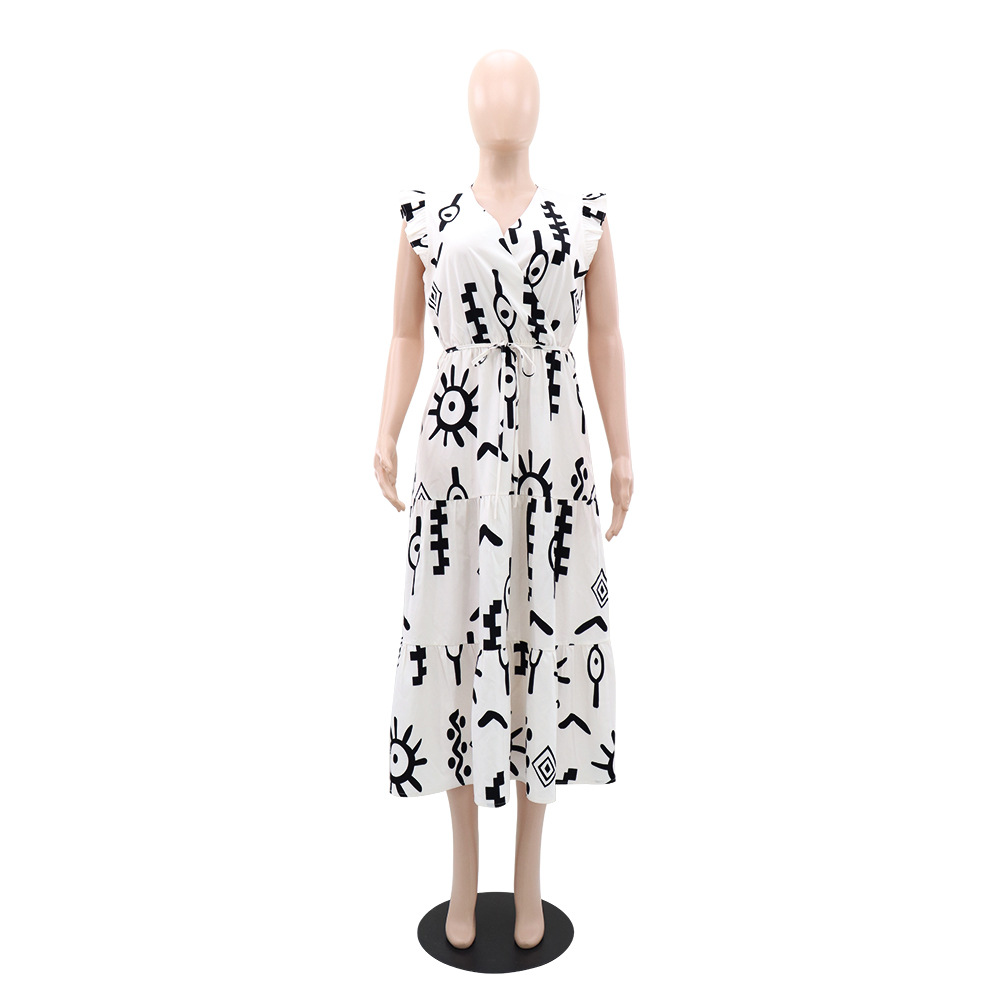 Black-white personality corset V-neck printing long dress