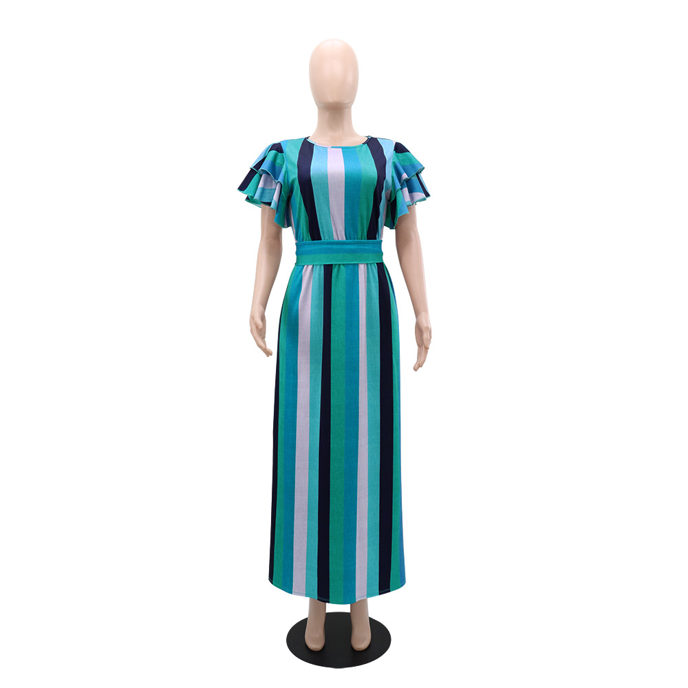 Lotus sleeve printing long dress European style stripe dress