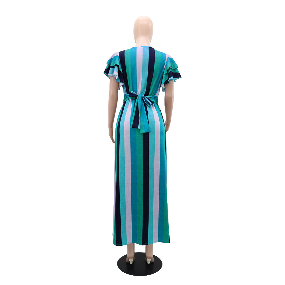 Lotus sleeve printing long dress European style stripe dress