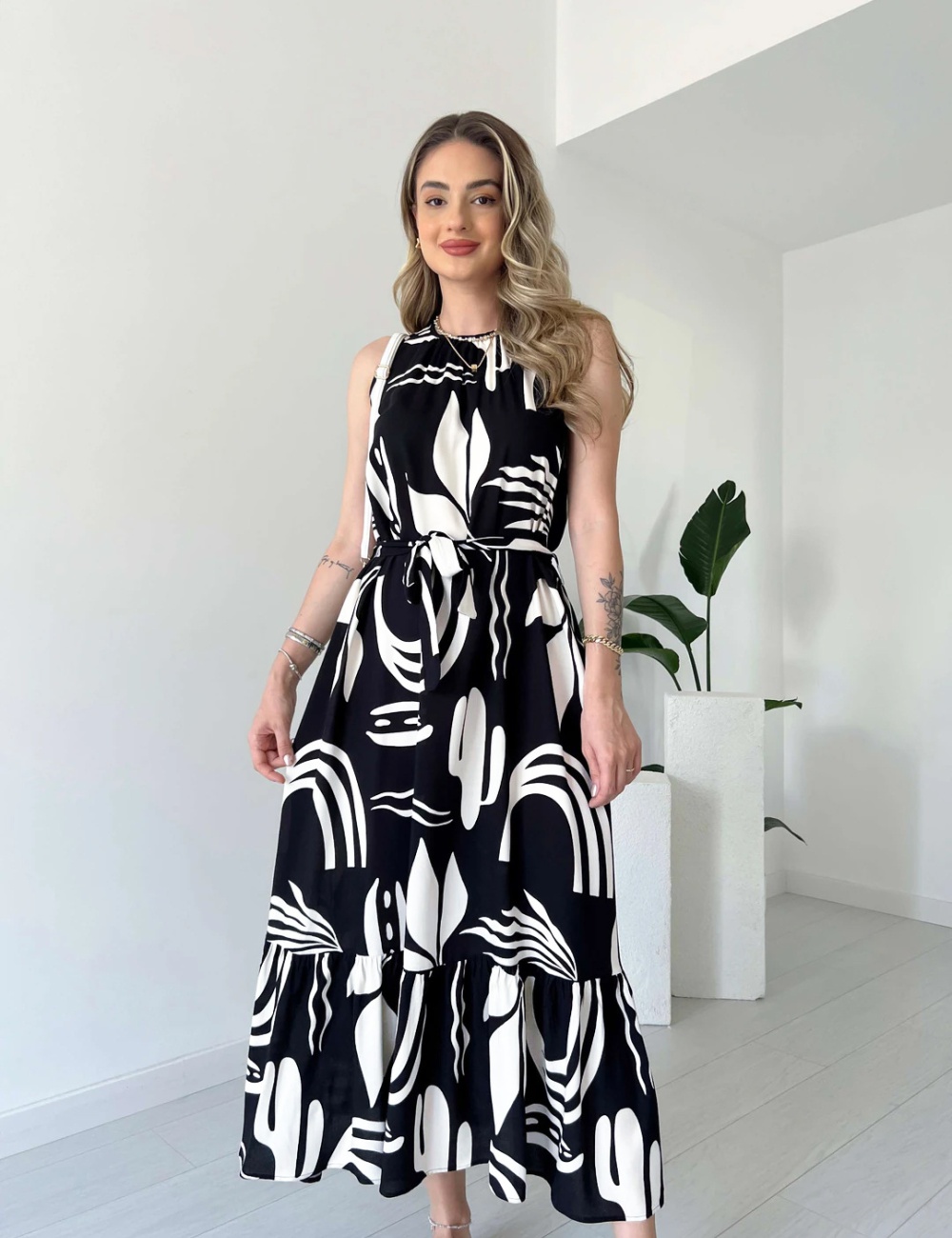 High waist fashion printing European style dress for women