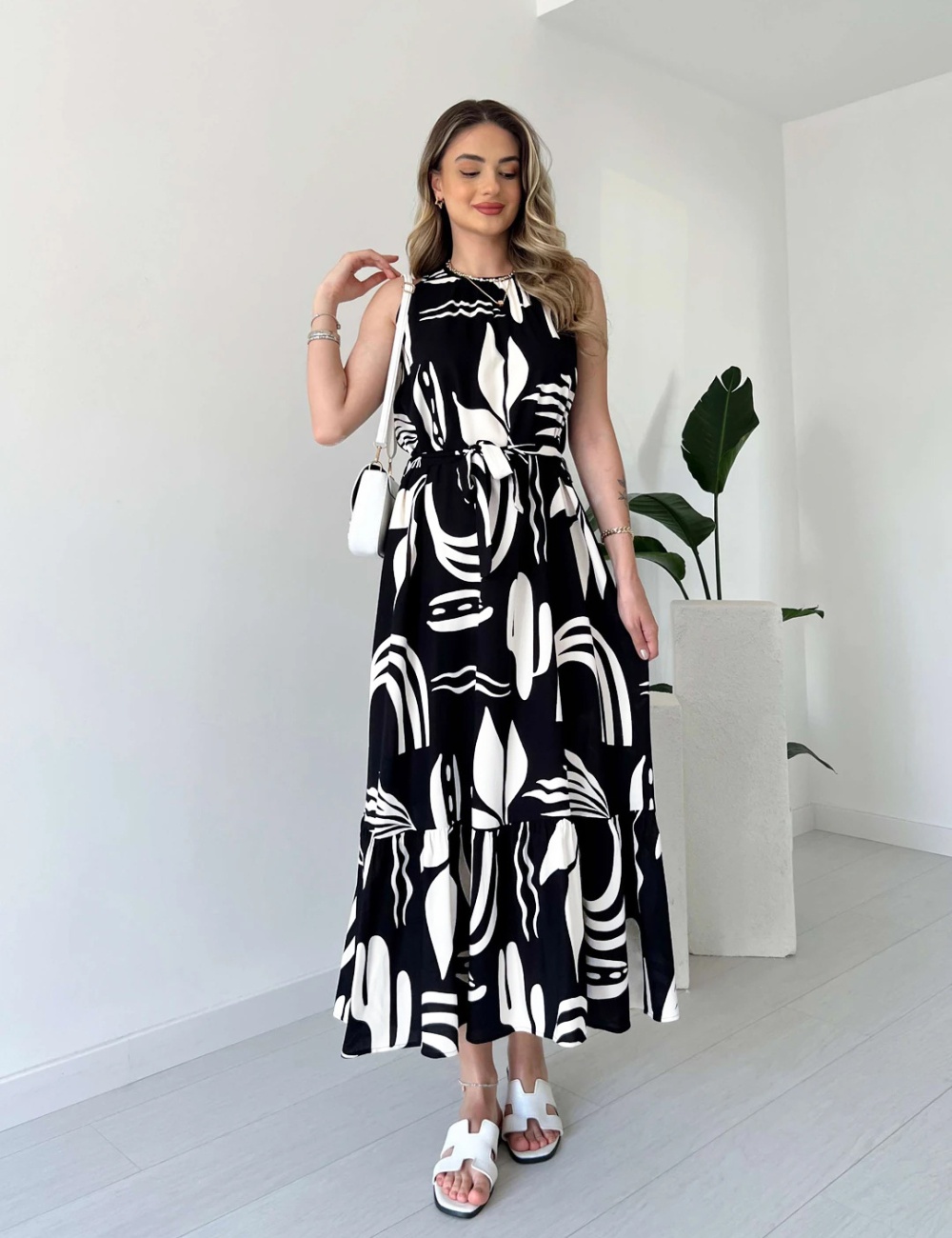 High waist fashion printing European style dress for women