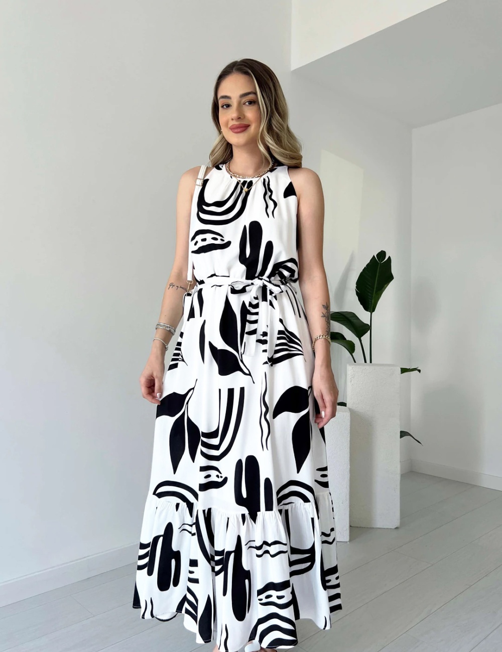 High waist fashion printing European style dress for women