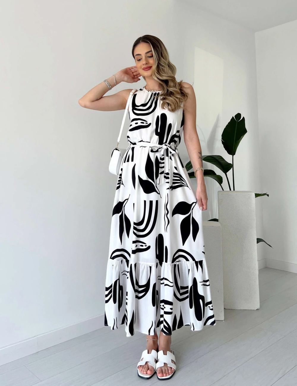 High waist fashion printing European style dress for women