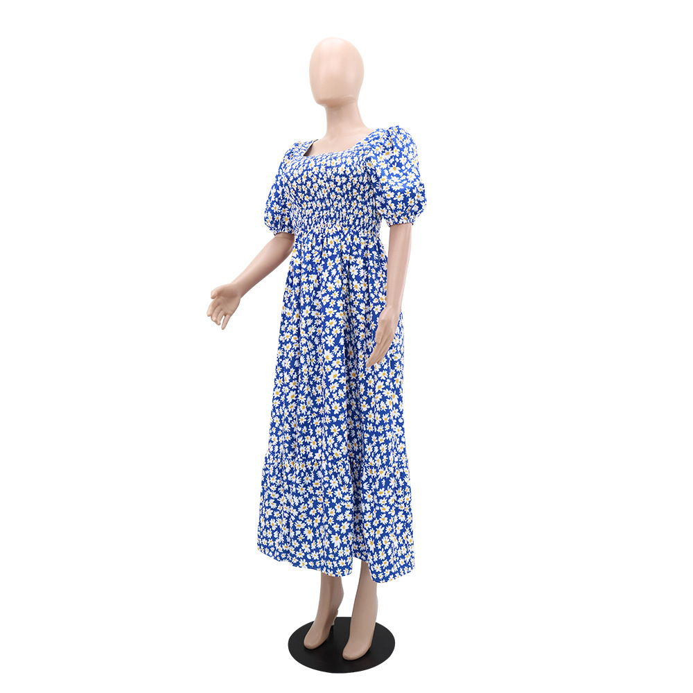 Puff sleeve elastic dress floral jumpsuit for women