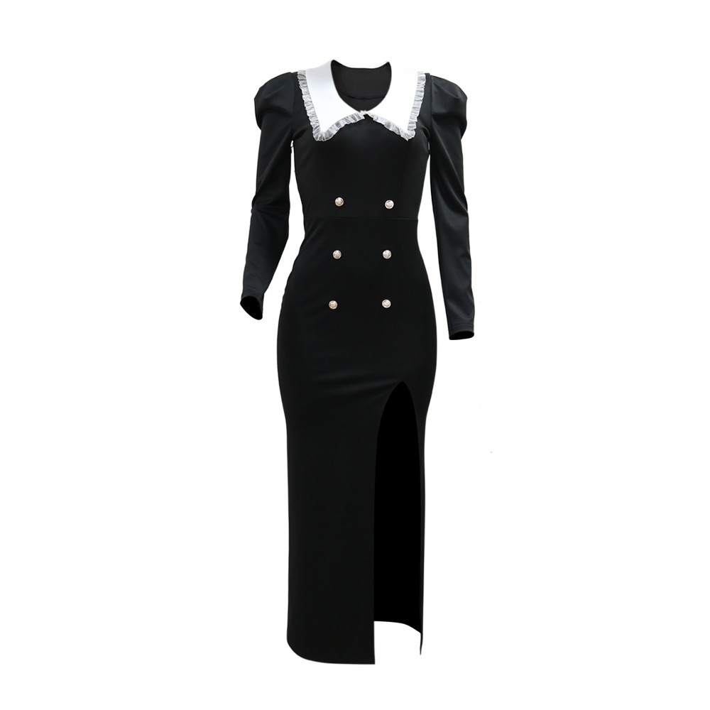 High split lapel pure long sleeve dress for women