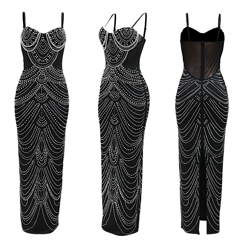 Sling sexy long dress European style rhinestone dress