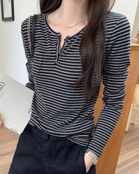 Stripe spring and autumn tops Korean style T-shirt for women