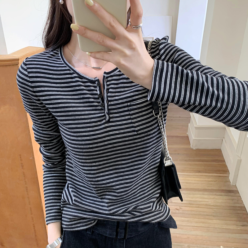 Stripe spring and autumn tops Korean style T-shirt for women