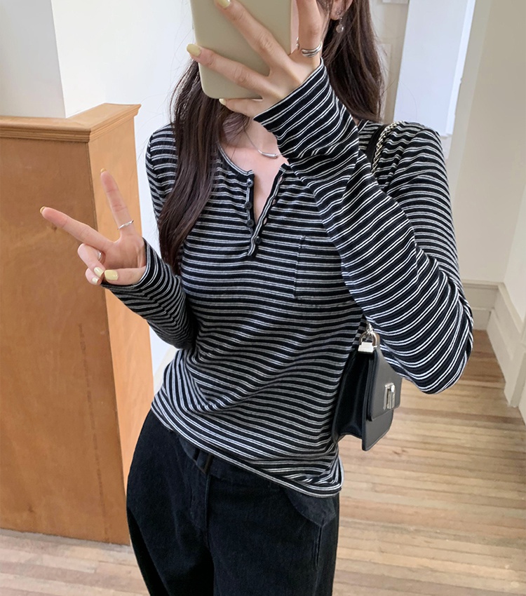 Stripe spring and autumn tops Korean style T-shirt for women