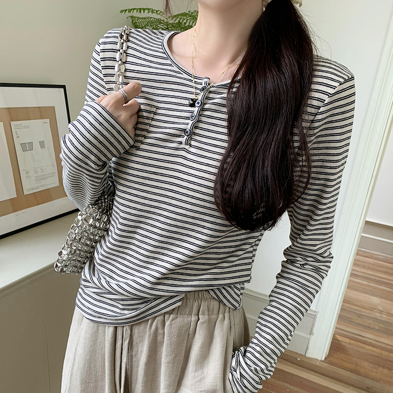 Stripe spring and autumn tops Korean style T-shirt for women