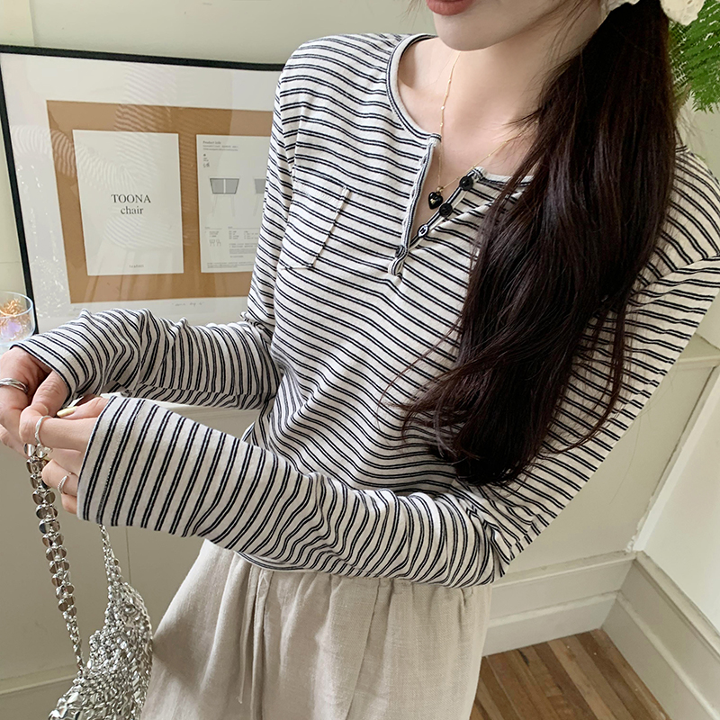 Stripe spring and autumn tops Korean style T-shirt for women