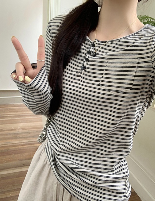 Stripe spring and autumn tops Korean style T-shirt for women