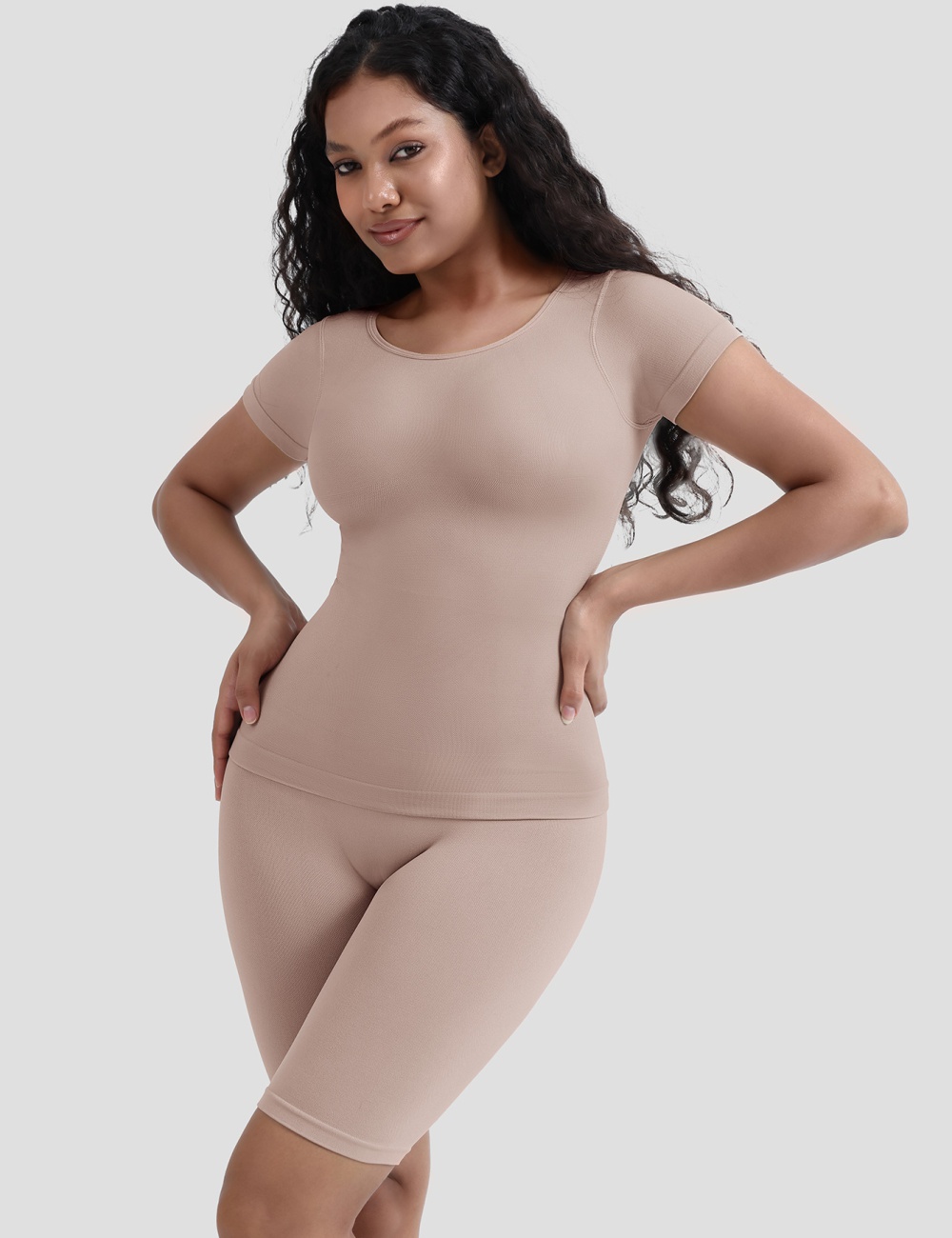 Body sculpting sports pants round neck shapewear a set