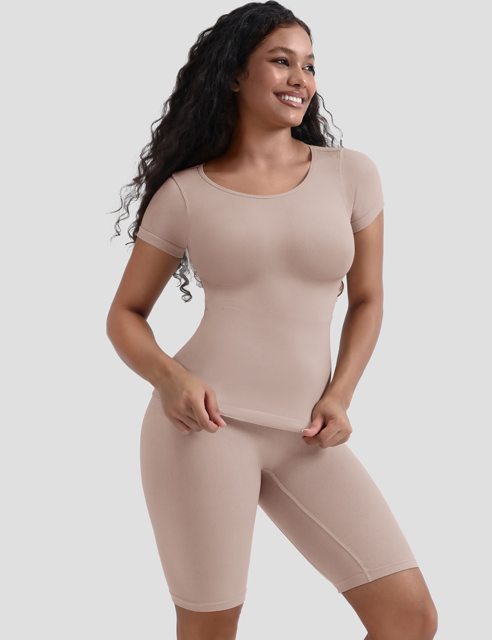 Body sculpting sports pants round neck shapewear a set