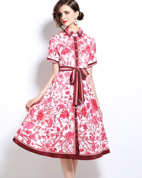 Fashion with belt printing pinched waist slim dress