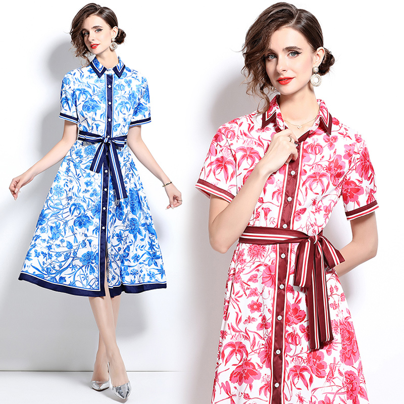 Fashion with belt printing pinched waist slim dress