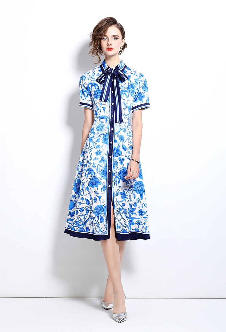 Fashion with belt printing pinched waist slim dress