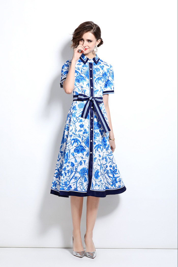 Fashion with belt printing pinched waist slim dress