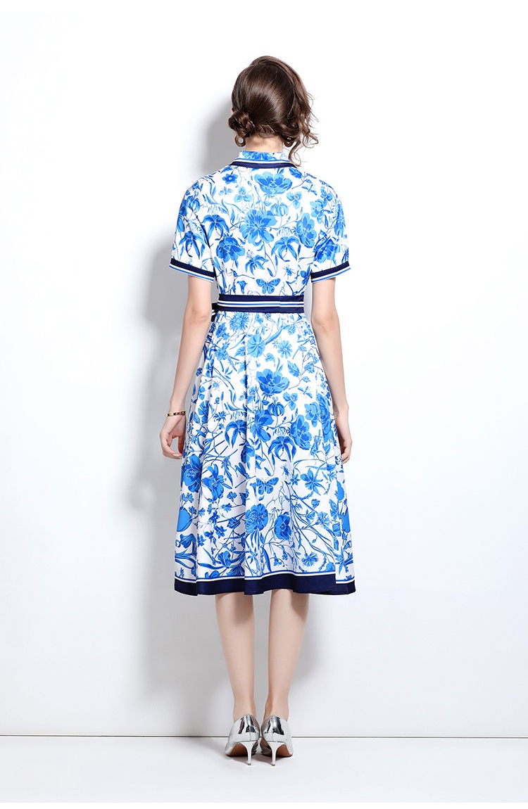 Fashion with belt printing pinched waist slim dress