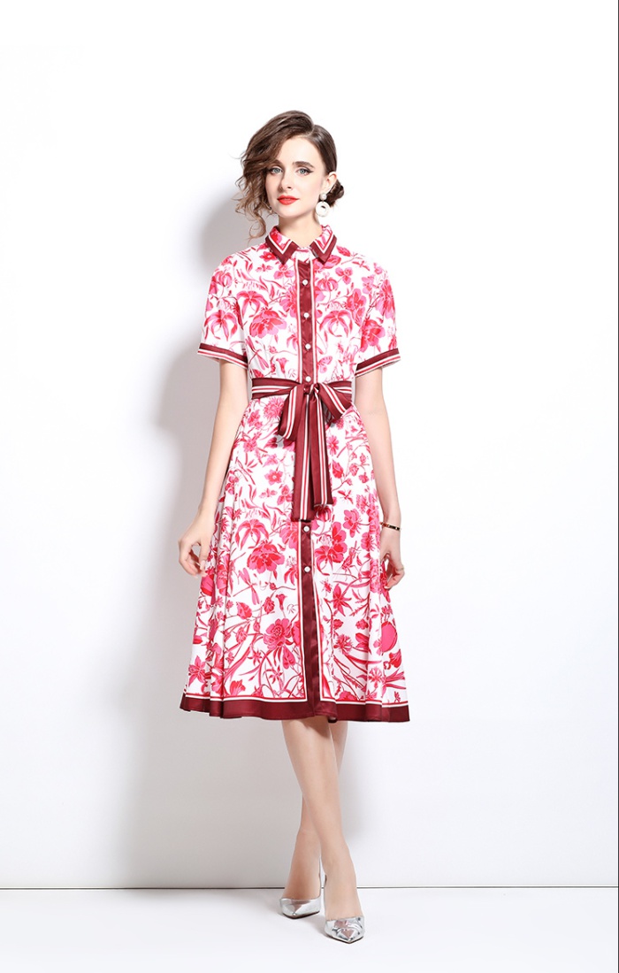 Fashion with belt printing pinched waist slim dress