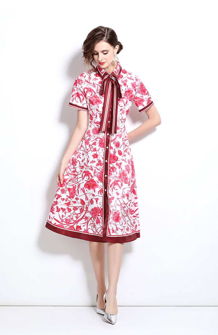 Fashion with belt printing pinched waist slim dress