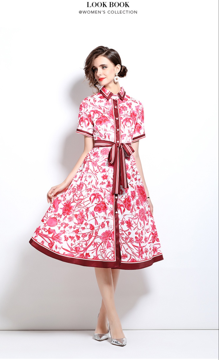 Fashion with belt printing pinched waist slim dress