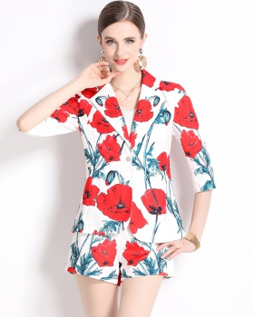 Printing business suit short sleeve coat 2pcs set for women