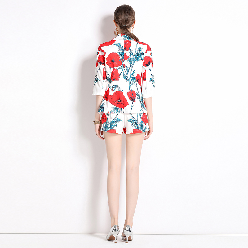 Printing business suit short sleeve coat 2pcs set for women