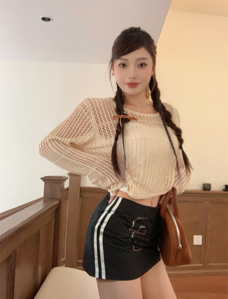 Hollow autumn short tops knitted irregular smock