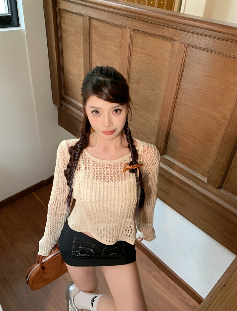 Hollow autumn short tops knitted irregular smock