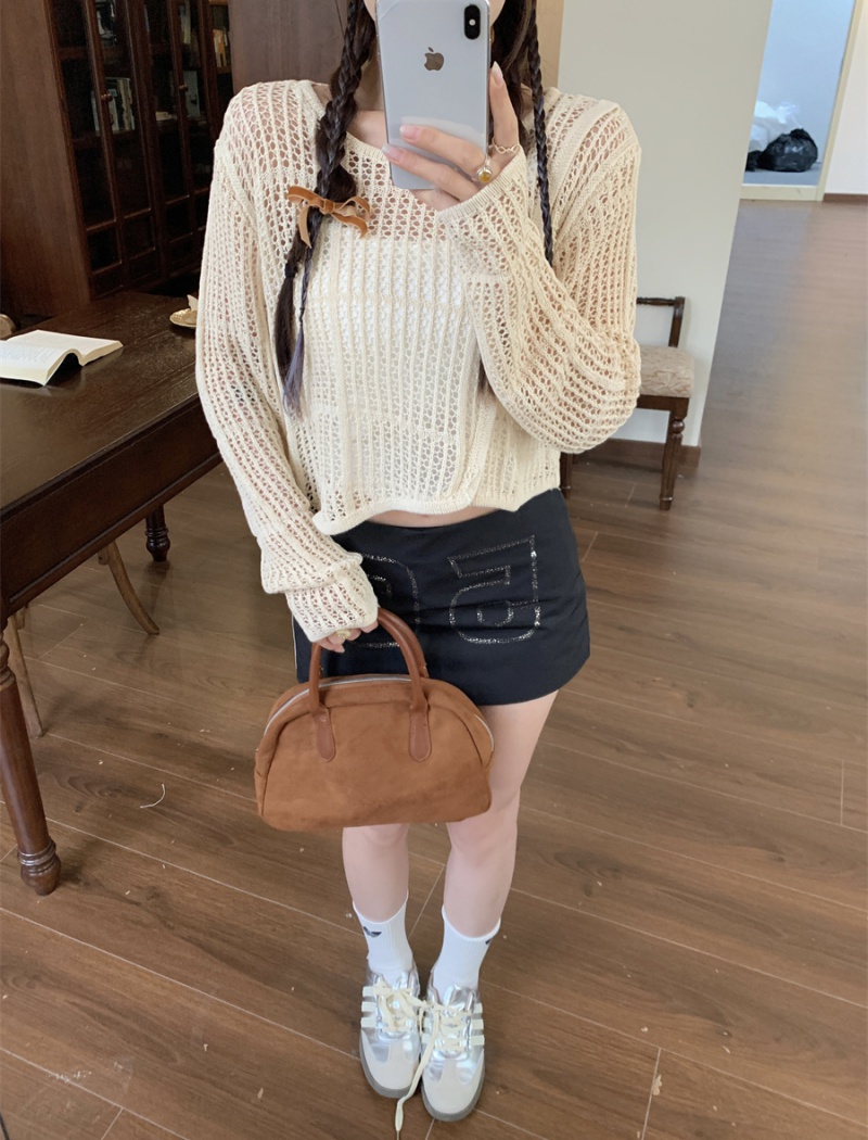 Hollow autumn short tops knitted irregular smock