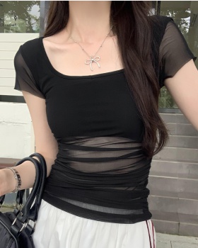 Square collar gauze black tops summer sexy T-shirt