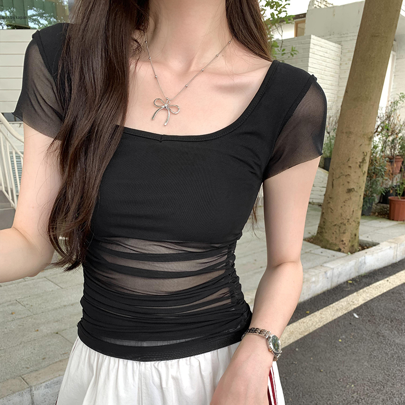 Square collar gauze black tops summer sexy T-shirt