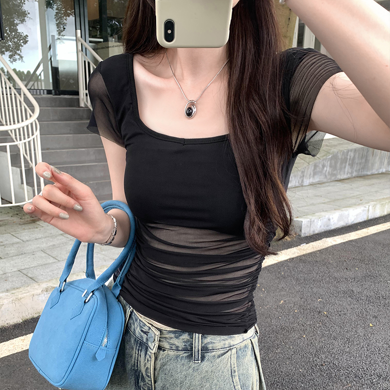 Square collar gauze black tops summer sexy T-shirt