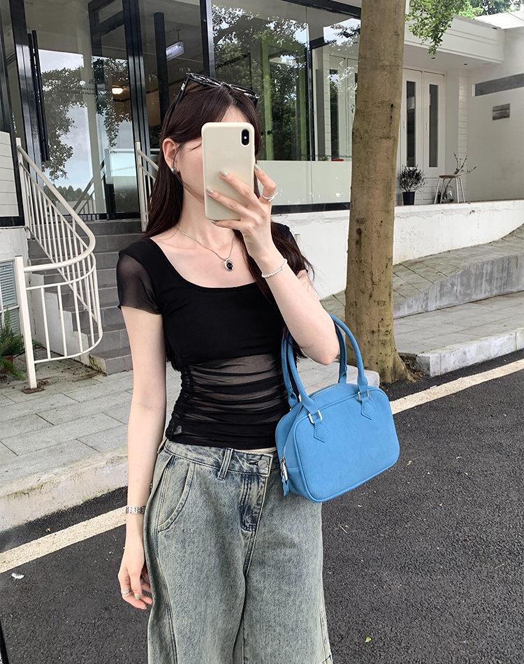 Square collar gauze black tops summer sexy T-shirt