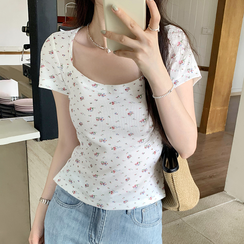 Short sleeve square collar summer tops floral short T-shirt