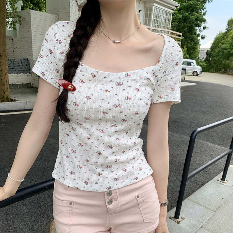 Short sleeve square collar summer tops floral short T-shirt