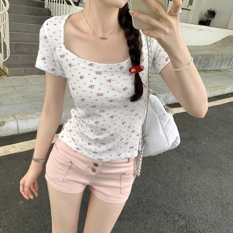 Short sleeve square collar summer tops floral short T-shirt