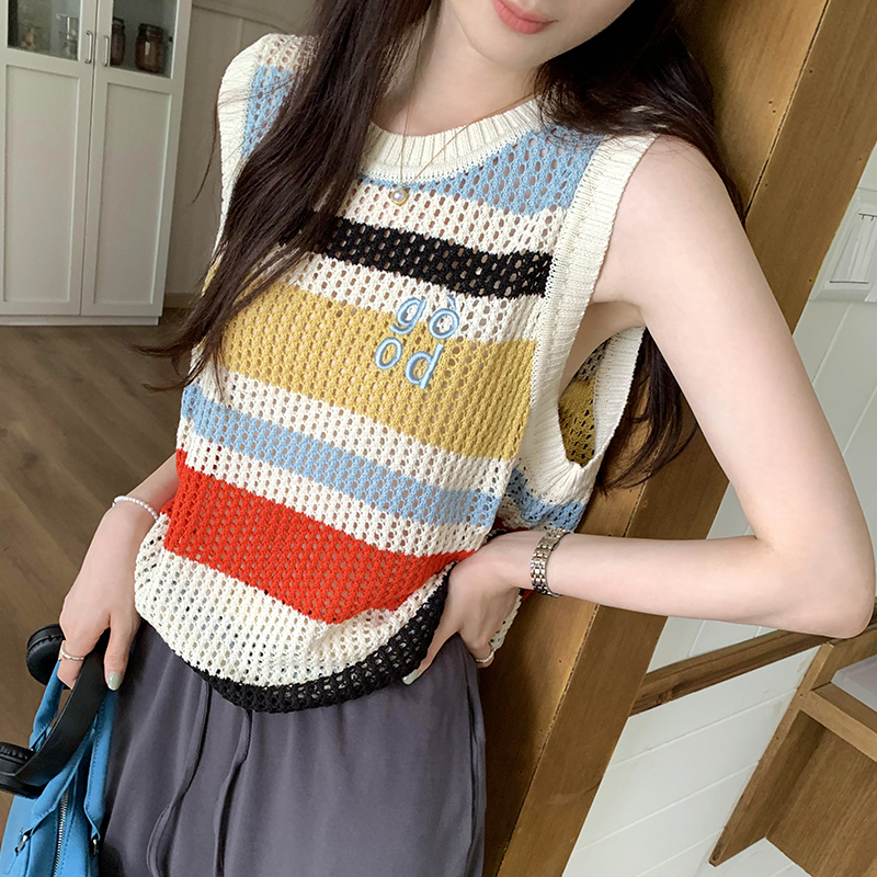 Loose knitted tops stripe vest for women