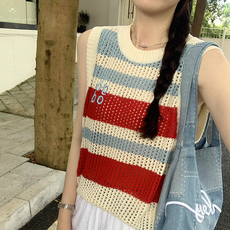 Loose knitted tops stripe vest for women