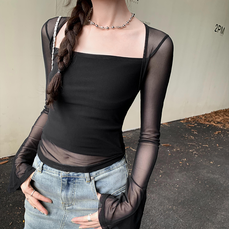 Trumpet sleeves T-shirt splice tops for women