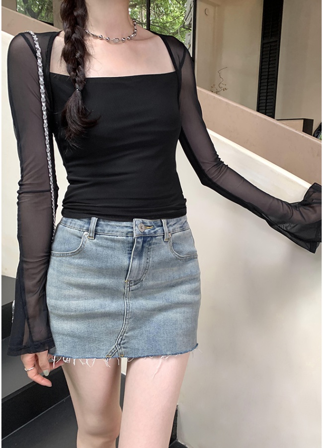 Trumpet sleeves T-shirt splice tops for women