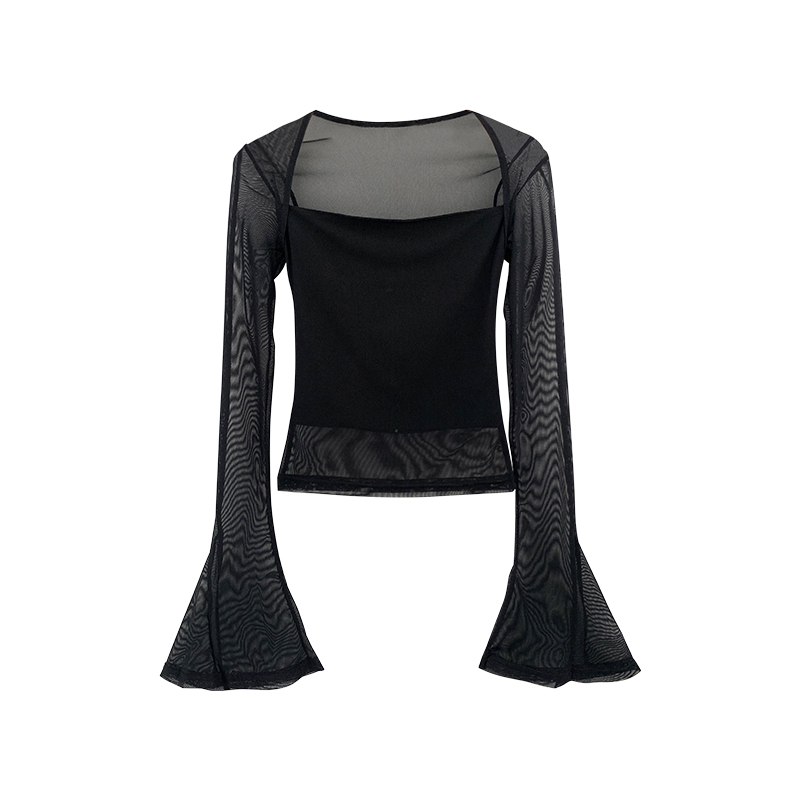 Trumpet sleeves T-shirt splice tops for women