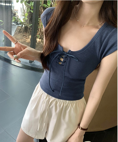 Sleeveless slim bandage tops U-neck summer T-shirt for women