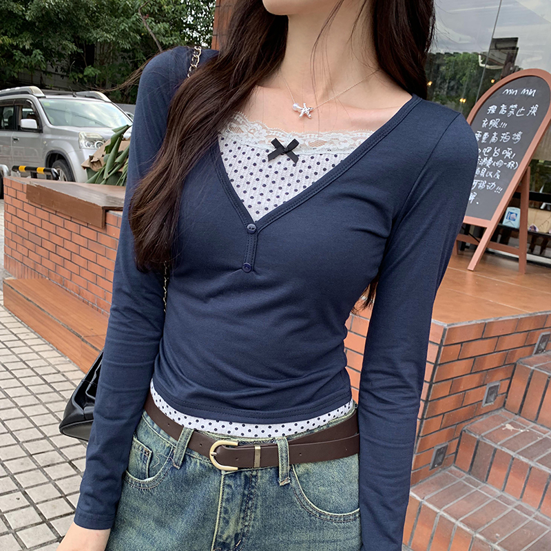 Splice long sleeve T-shirt slim tops for women