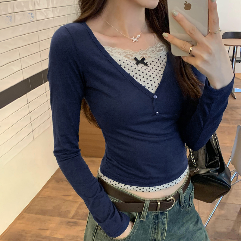 Splice long sleeve T-shirt slim tops for women