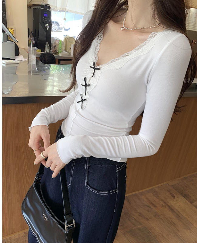 V-neck slim bow tops spring lace T-shirt for women